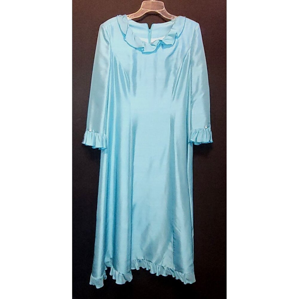 MCM Dress Long Sleeves Ruffle Neck Cuffs Hem Blue 60s 70s Zip Back No Tags